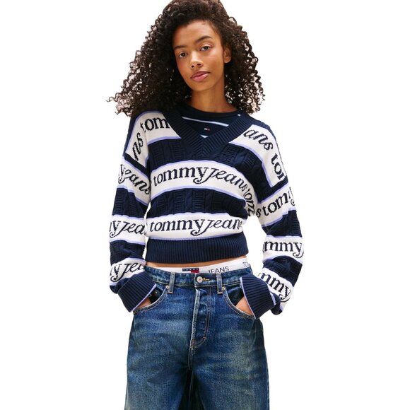 Sweaters - Women's Cotton V-Neck Sweater with Logo Print Casual Pullover